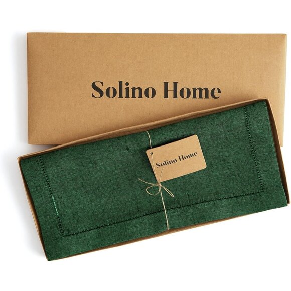 Solino Home 100% Pure Linen Forest Green Table Runner 14 x 108 Inch Hemstitch - Picture 1 of 5